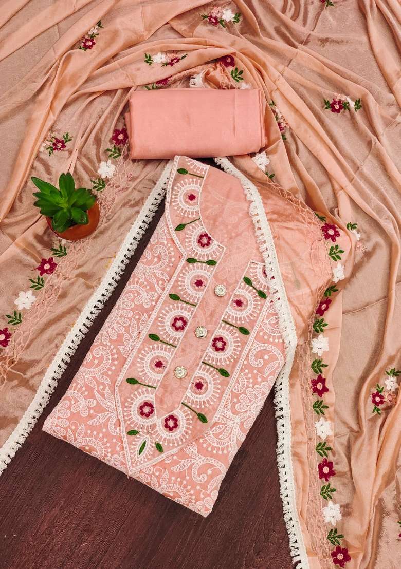 Peach Embroidered Blended Straight Kurta Set - Indya