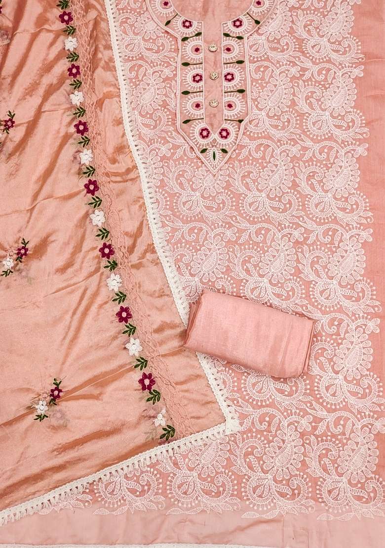 Peach Embroidered Blended Straight Kurta Set - Indya