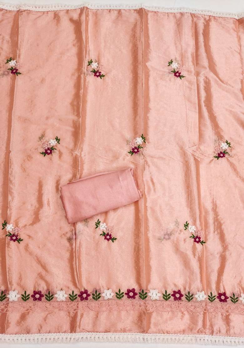 Peach Embroidered Blended Straight Kurta Set - Indya