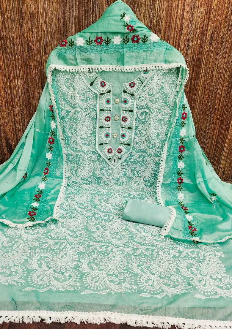 Sea Green Embroidered Cotton Straight Kurta Set - Indya