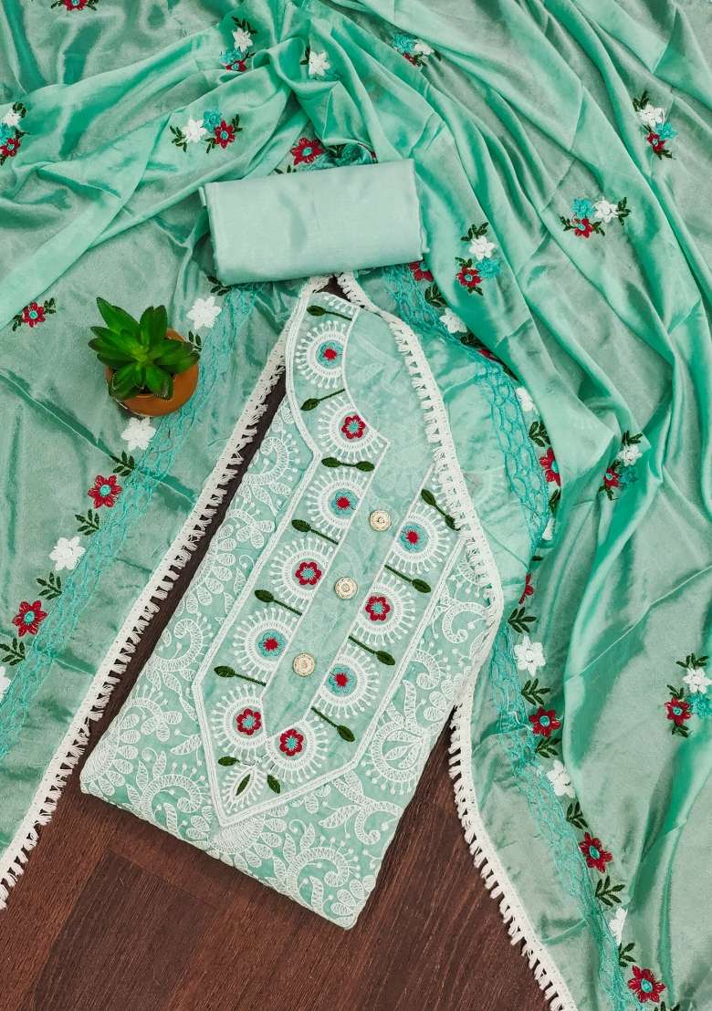 Sea Green Embroidered Cotton Straight Kurta Set - Indya