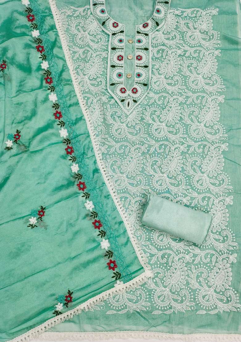 Sea Green Embroidered Cotton Straight Kurta Set - Indya