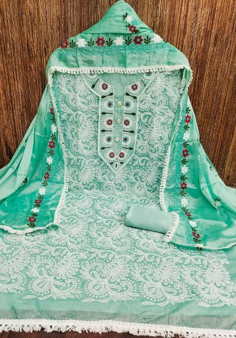 Sea Green Embroidered Cotton Straight Kurta Set