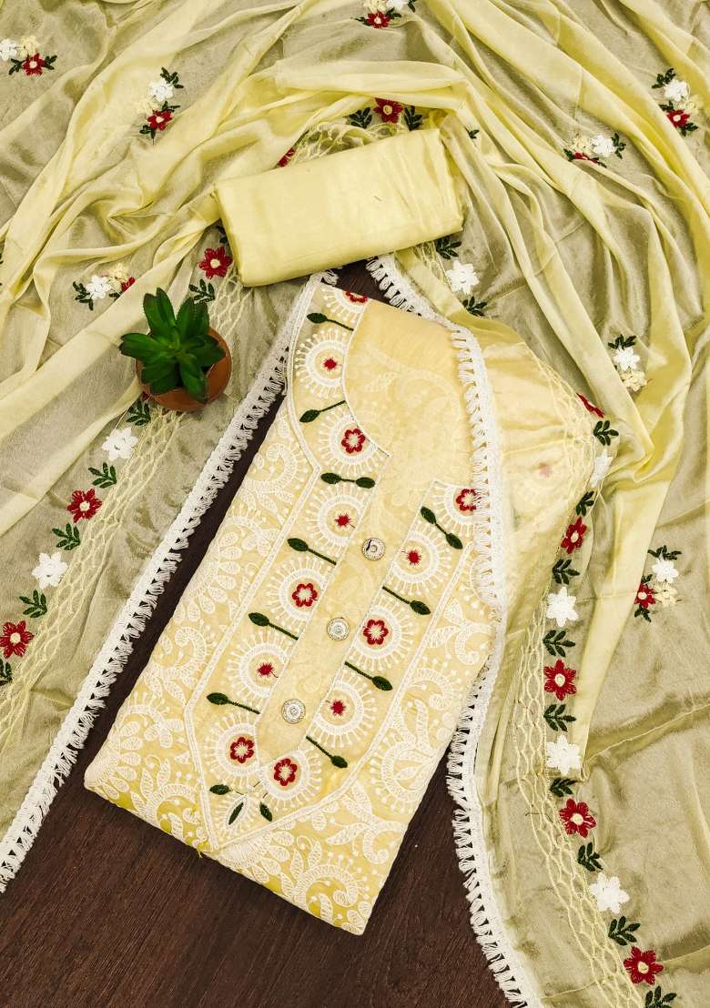 Yellow Embroidered Blended Straight Kurta Set - Indya
