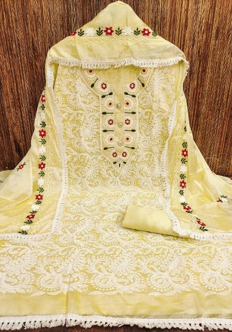 Yellow Embroidered Cotton Blend Dress Material