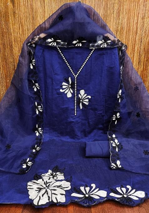 Blue Embroidered Chanderi Dress Material