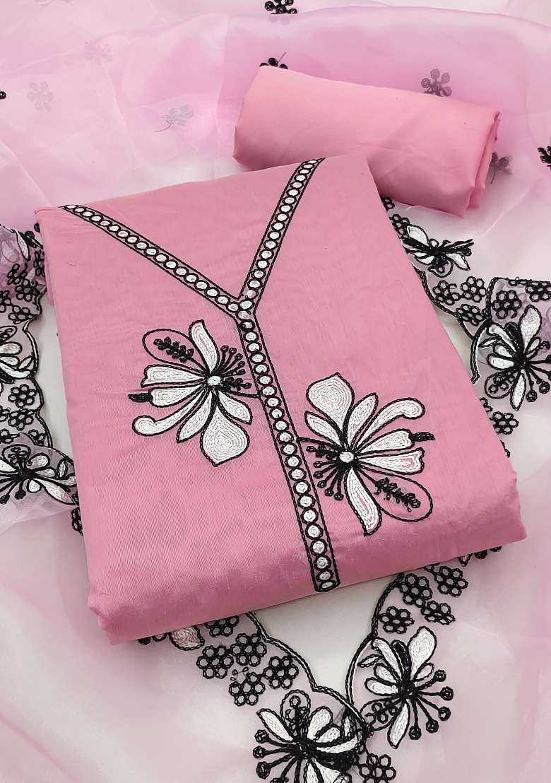 Baby Pink Embroidered Chanderi Straight Kurta Set - Indya