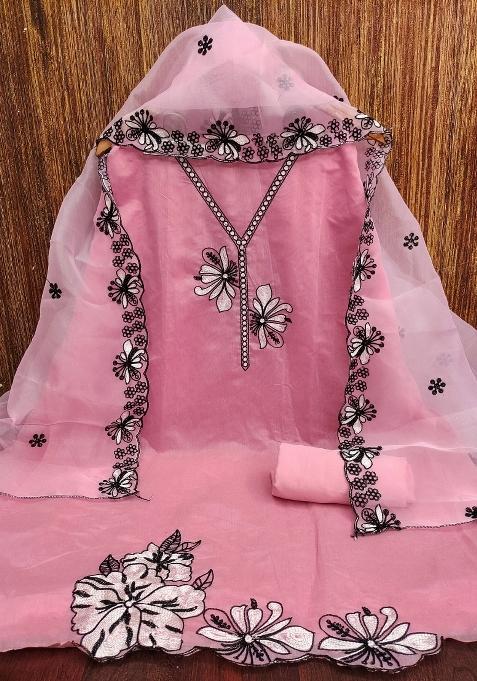 Baby Pink Embroidered Chanderi Dress Material