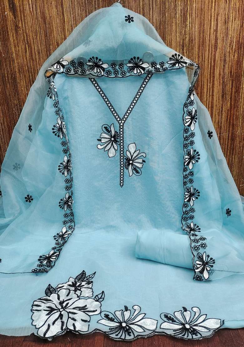 Sky Blue Embroidered Chanderi Straight Kurta Set - Indya