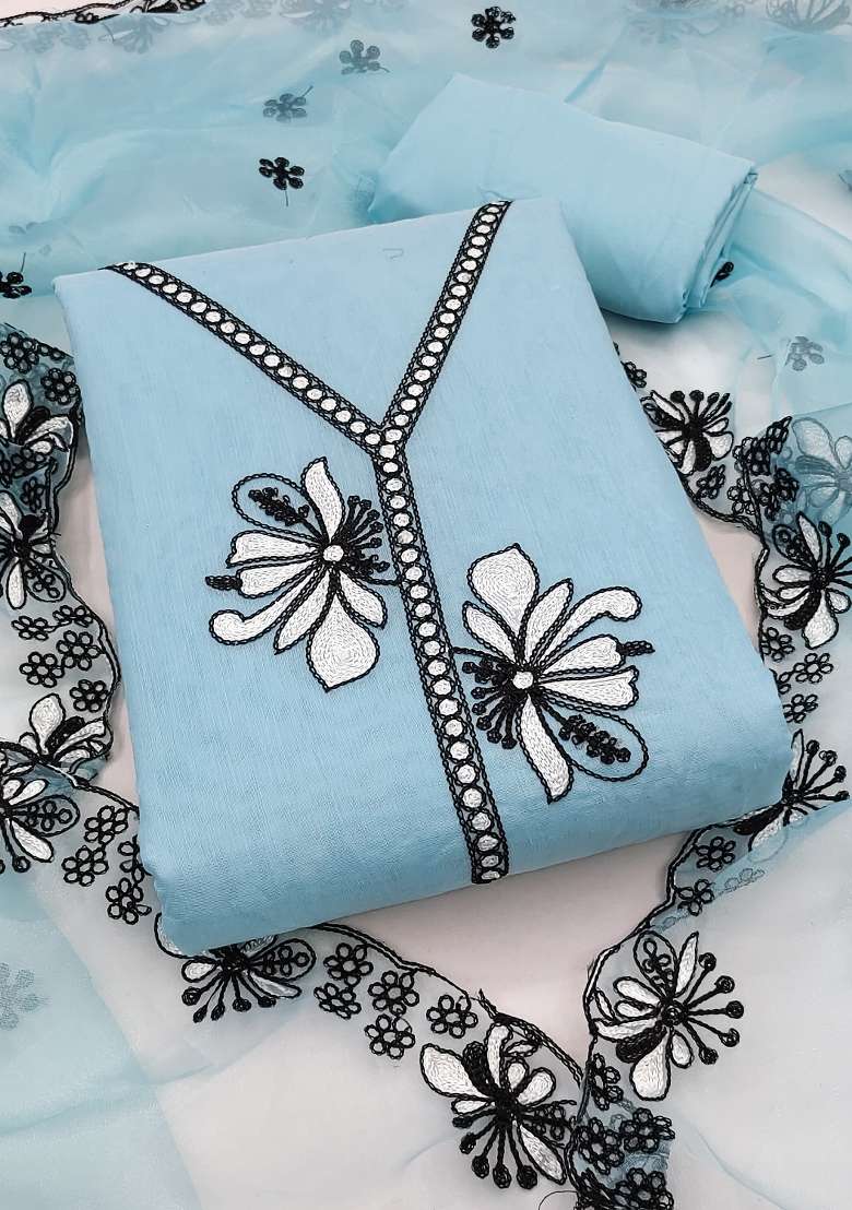 Sky Blue Embroidered Chanderi Straight Kurta Set - Indya