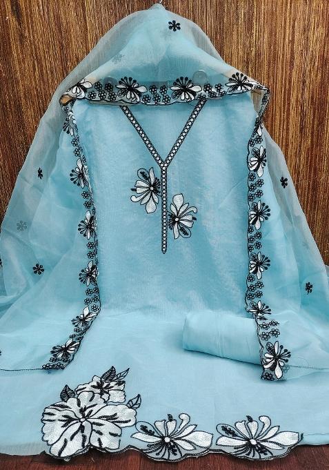 Sky Blue Embroidered Chanderi Dress Material