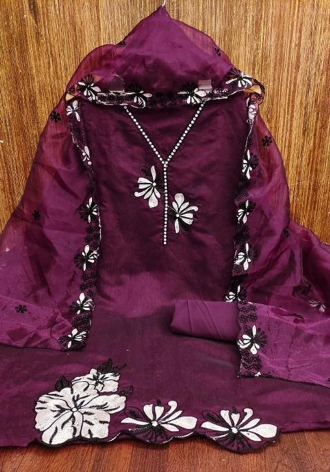 Voilet Embroidered Chanderi Dress Material