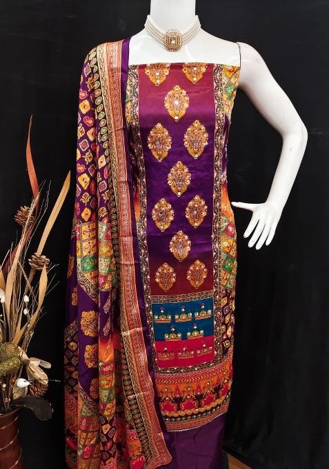 Multicolor Embroidered Chinon Dress Material