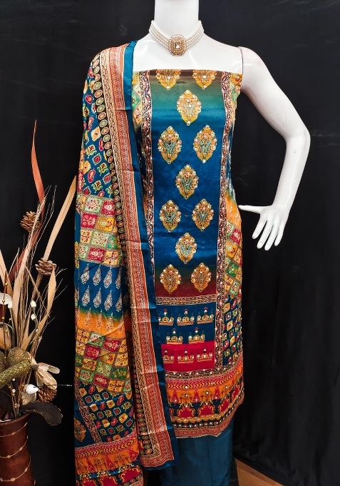 Multicolor Embroidered Chinon Dress Material