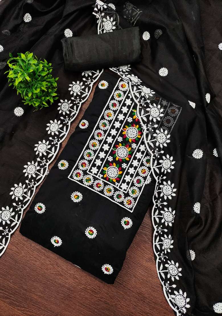 Black Embroidered Blended Straight Kurta Set - Indya