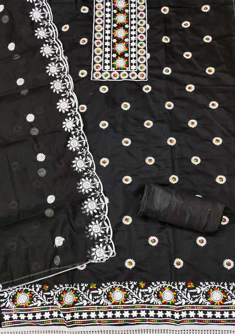 Black Embroidered Blended Straight Kurta Set - Indya