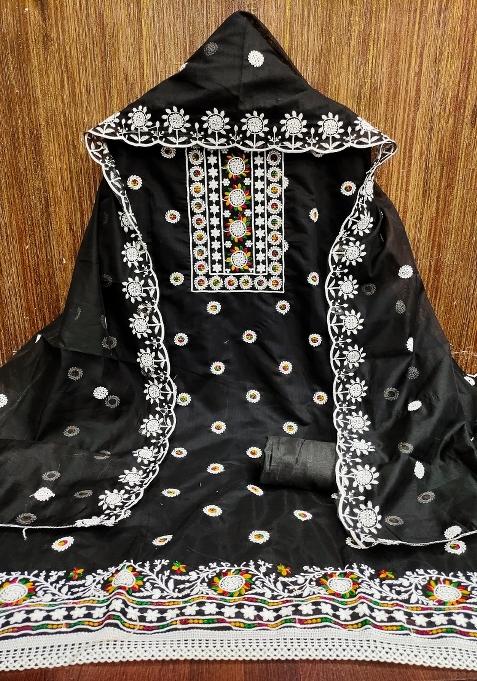 Black Embroidered Blended Straight Kurta Set
