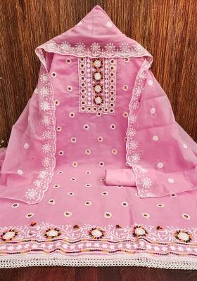 Pink Embroidered Cotton Blend Dress Material