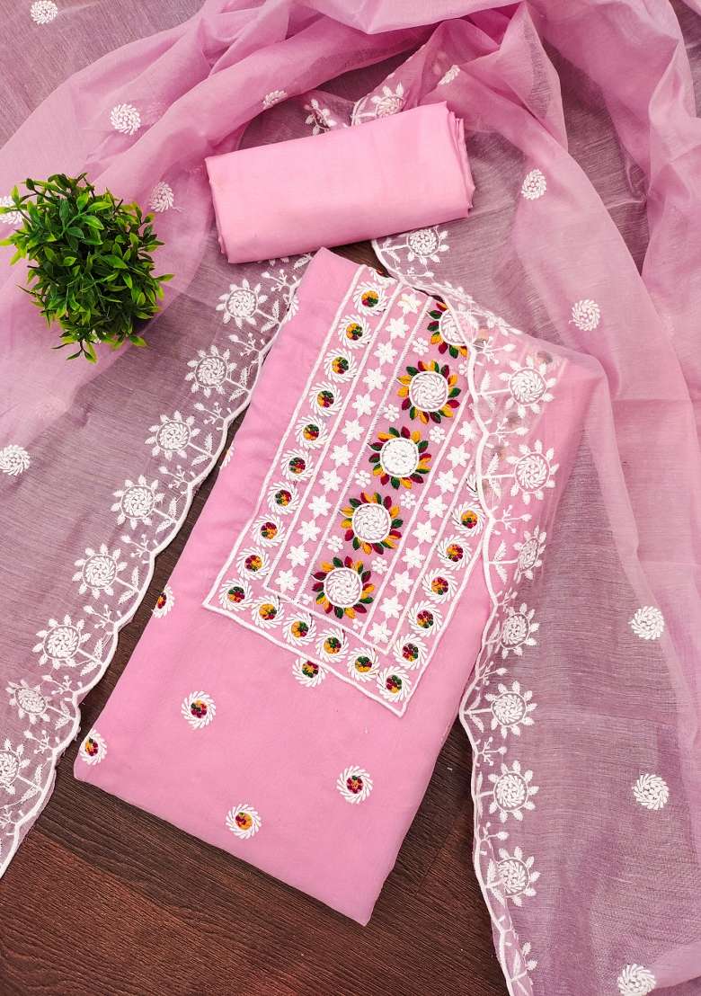 Pink Embroidered Blended Straight Kurta Set - Indya