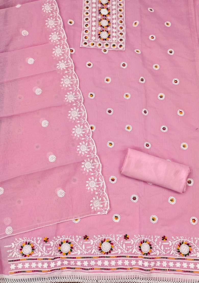 Pink Embroidered Blended Straight Kurta Set - Indya