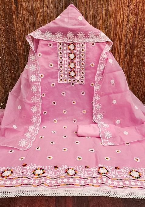Pink Embroidered Blended Straight Kurta Set