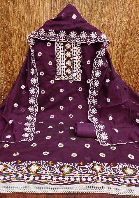 Voilet Embroidered Blended Straight Kurta Set