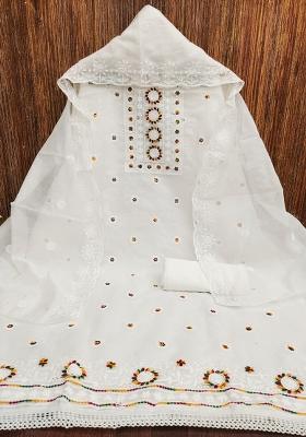 White Embroidered Cotton Blend Dress Material