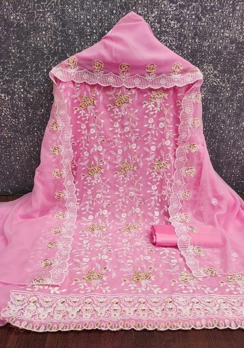 Baby Pink Embroidered Georgette Dress Material