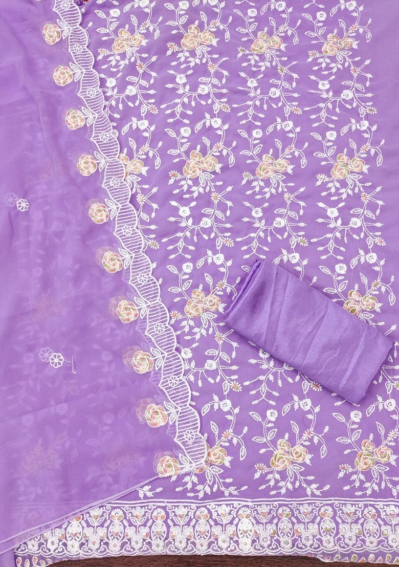 Lavender Embroidered Georgette Dress Material - Indya
