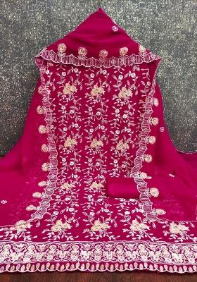 Magenta Embroidered Georgette Dress Material
