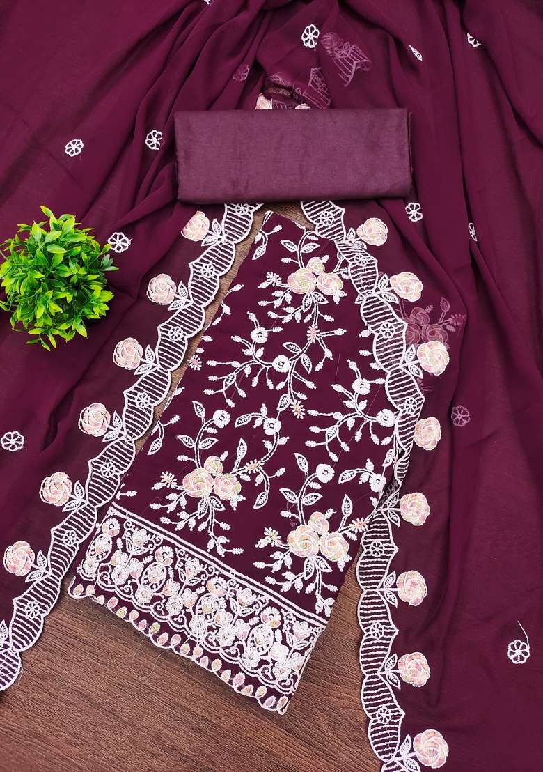 Purple Embroidered Georgette Straight Kurta Set - Indya