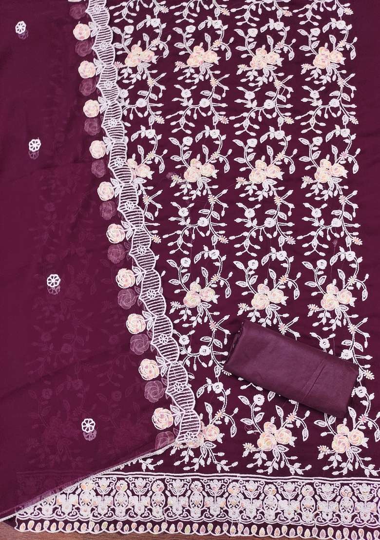 Purple Embroidered Georgette Straight Kurta Set - Indya