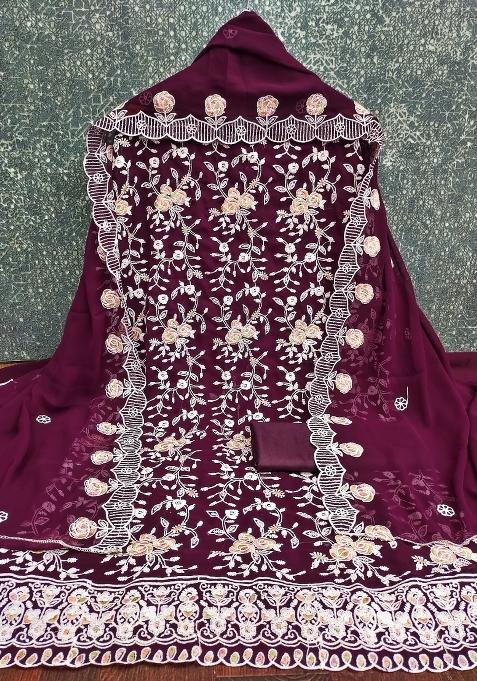 Purple Embroidered Georgette Straight Kurta Set