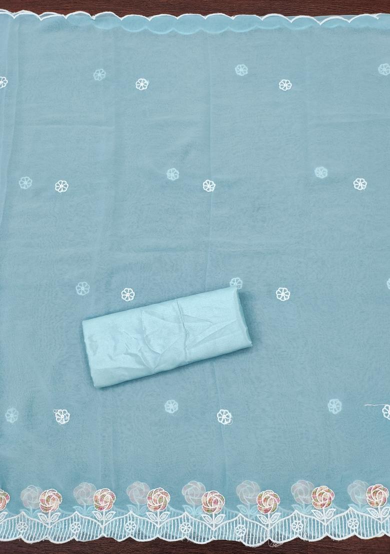 Sky Blue Embroidered Georgette Dress Material - Indya