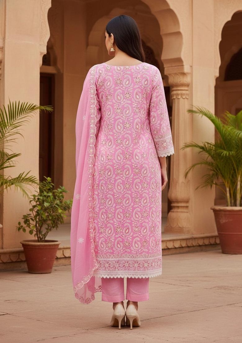 Baby Pink Embroidered Georgette Dress Material - Indya
