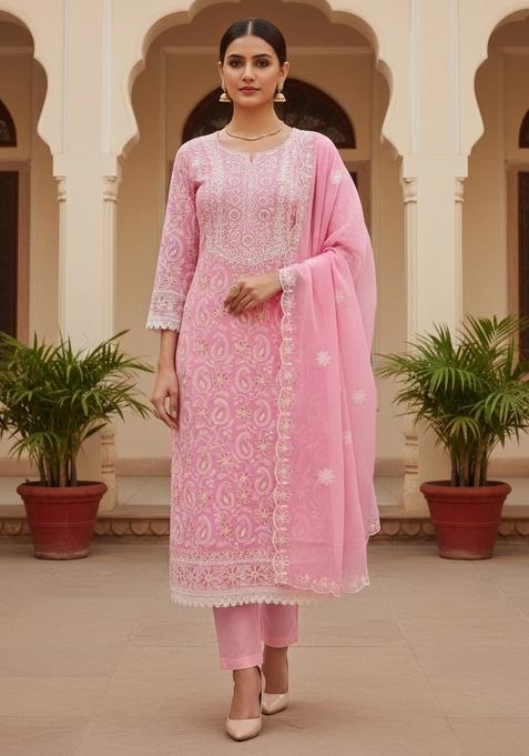 Baby Pink Embroidered Georgette Dress Material