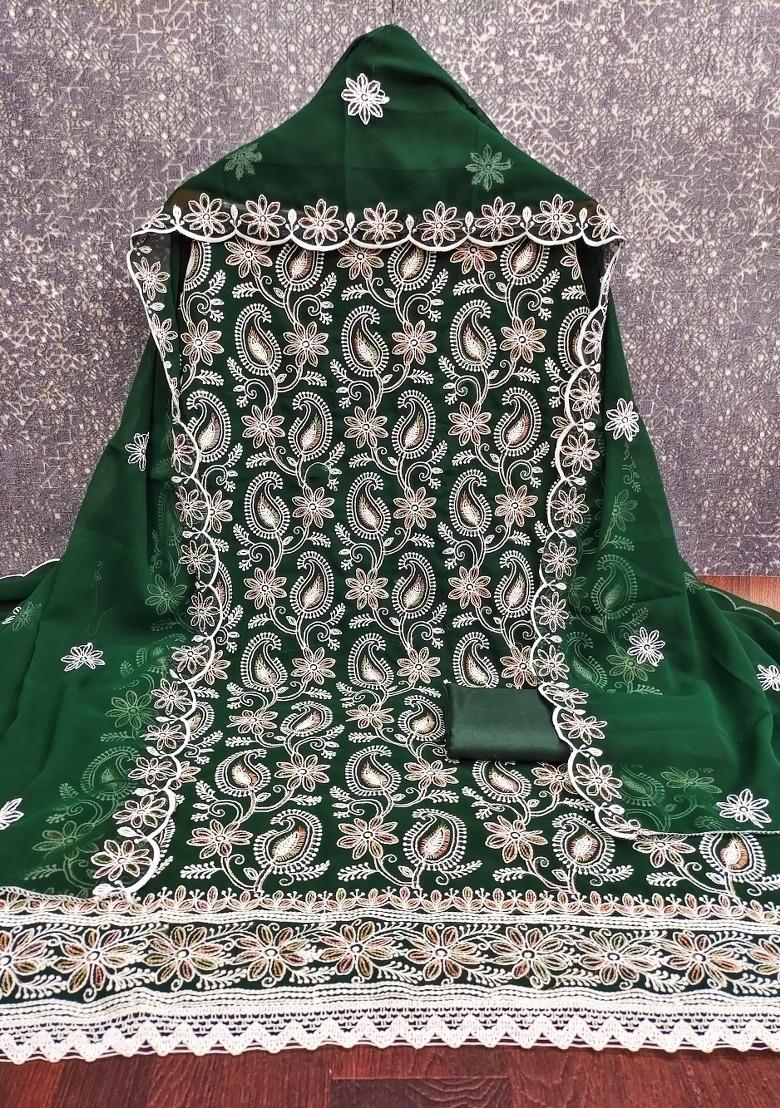 Green Embroidered Georgette Dress Material - Indya