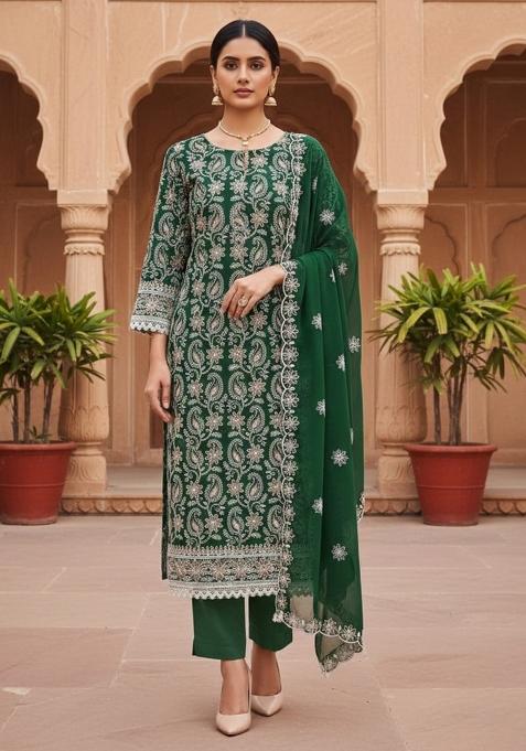 Green Embroidered Georgette Dress Material