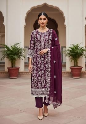 Purple Embroidered Georgette Dress Material