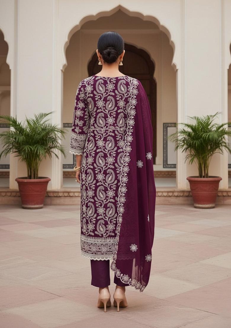 Purple Embroidered Georgette Dress Material - Indya