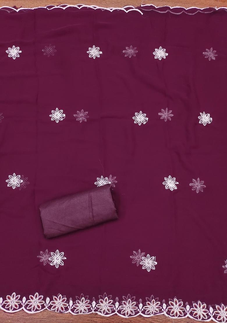 Purple Embroidered Georgette Dress Material - Indya