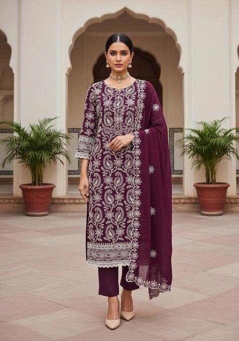 Purple Embroidered Georgette Dress Material