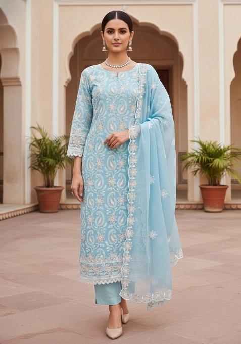 Sky Blue Embroidered Georgette Dress Material