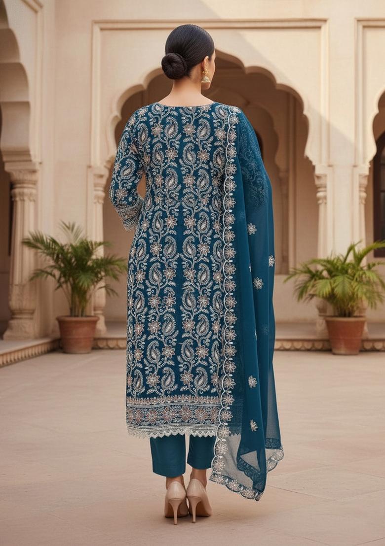 Teal Blue Embroidered Georgette Dress Material - Indya