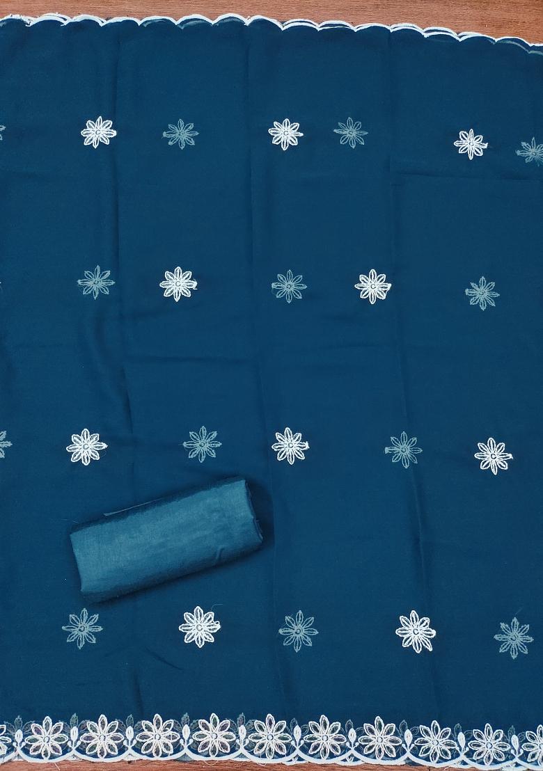 Teal Blue Embroidered Georgette Dress Material - Indya