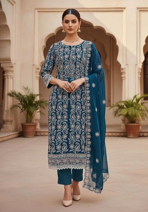 Teal Blue Embroidered Georgette Dress Material