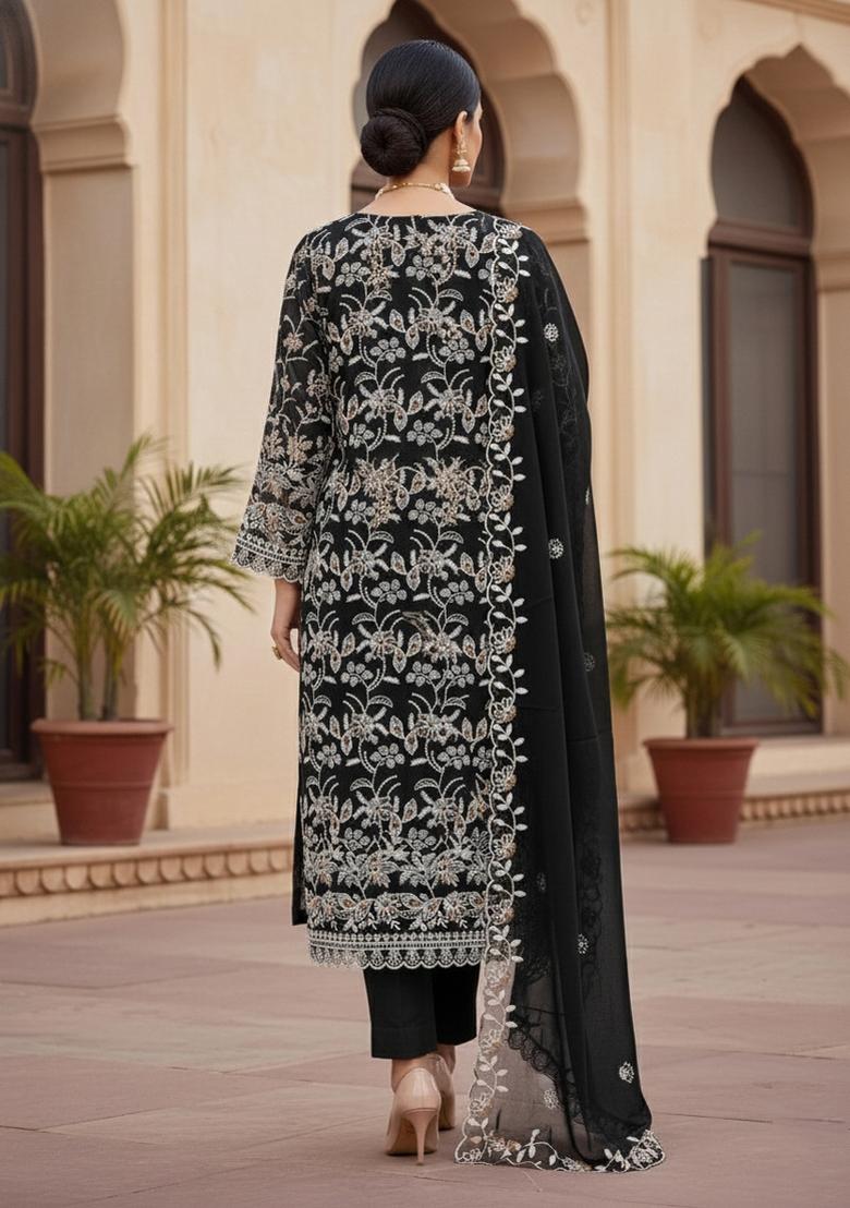 Black Embroidered Georgette Dress Material - Indya