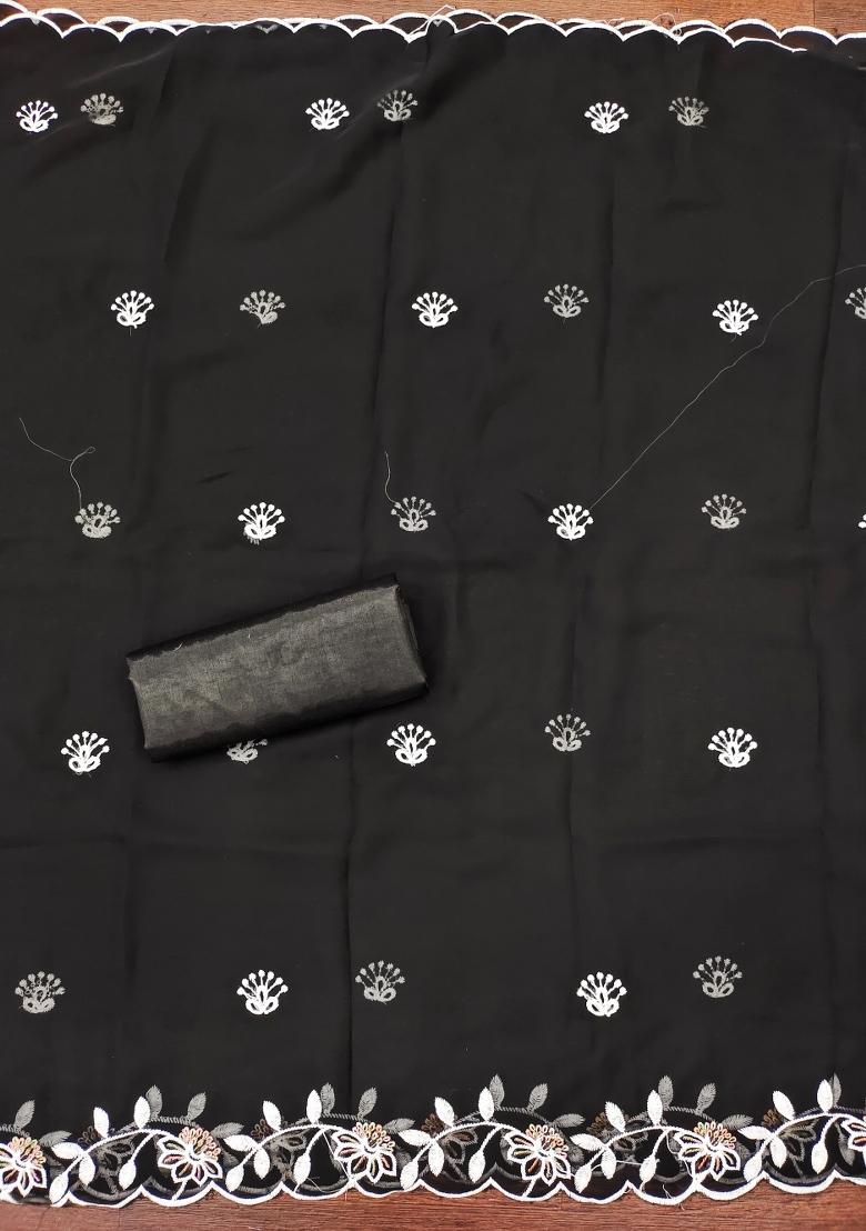 Black Embroidered Georgette Dress Material - Indya