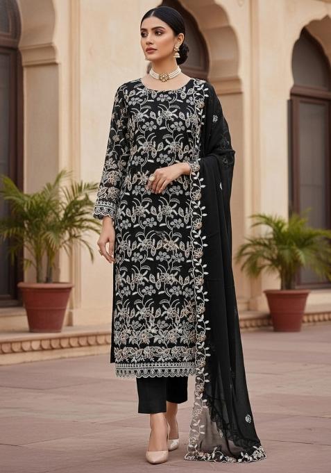 Black Embroidered Georgette Dress Material