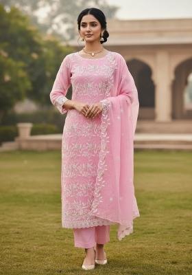 Baby Pink Embroidered Georgette Dress Material